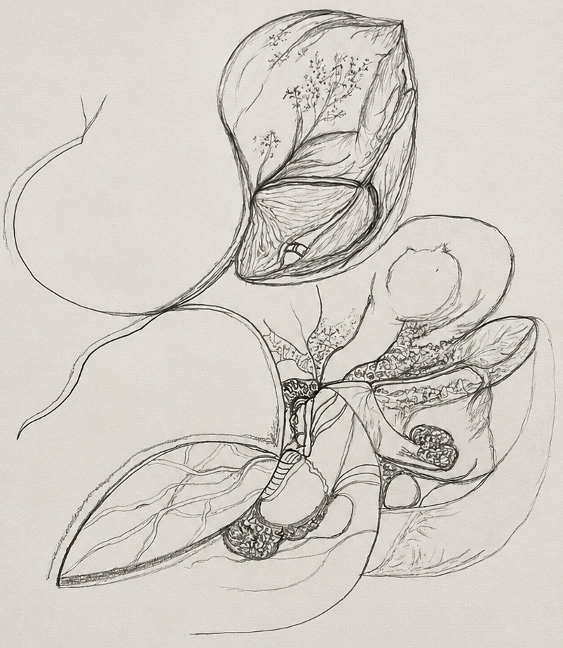 Detail of an unfinished drawing with branching lines, leaf-like forms and open organic chambers